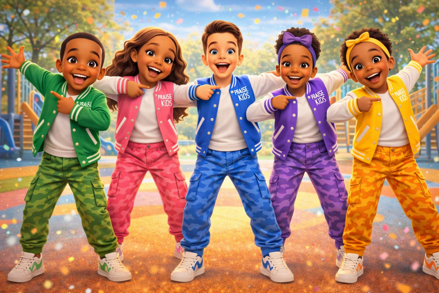 The five Praise! Kids with the CHIBOOKS logo